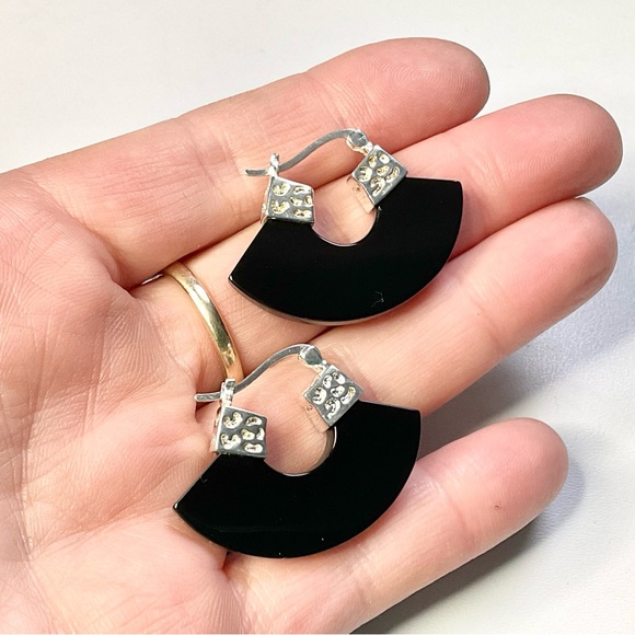 David Sigal Sterling Silver Onyx Hoop Earrings Designer Basket Drop - Picture 6 of 6